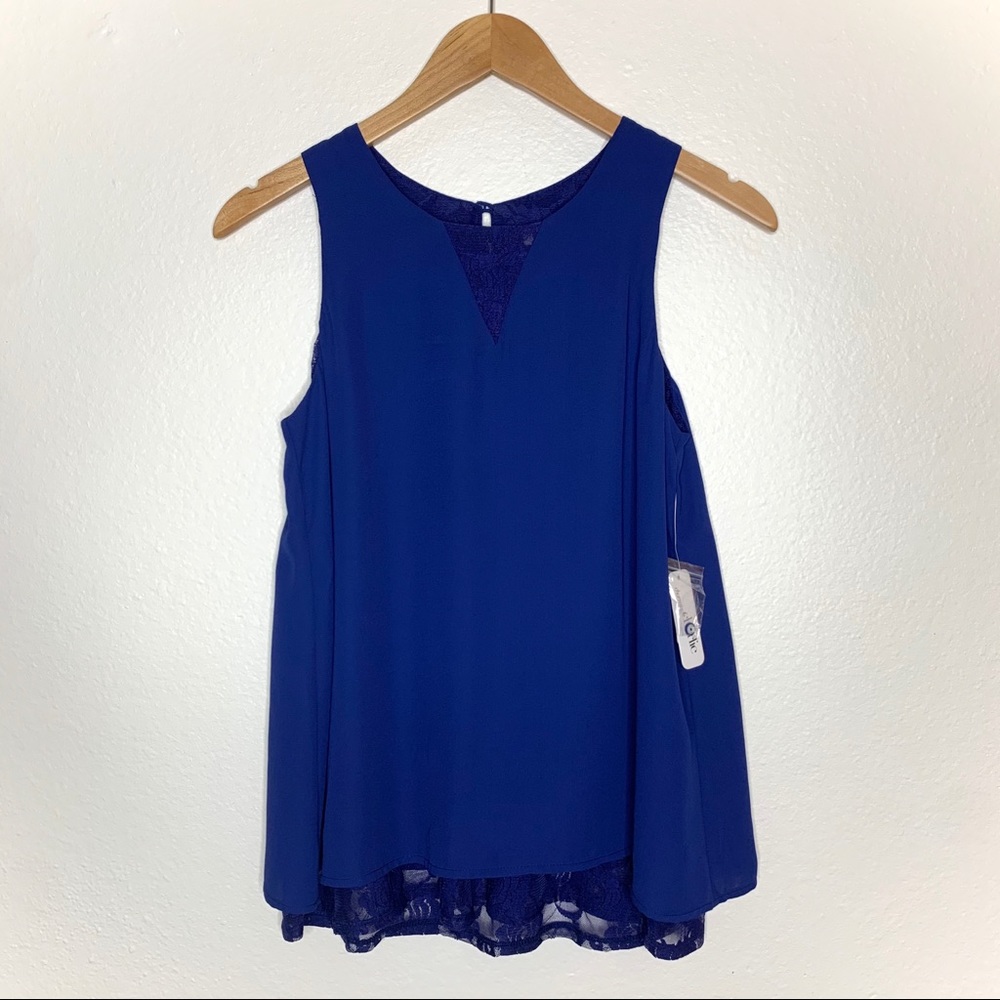 Blue Sleeveless Blouse with Lace Trim